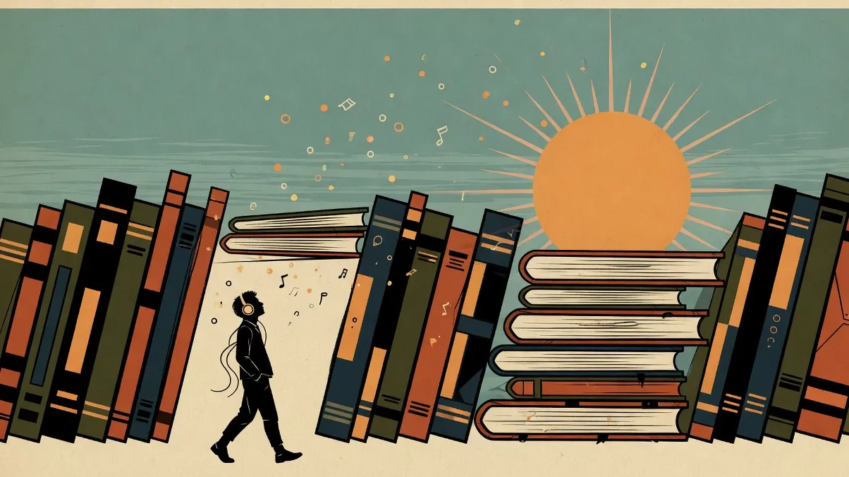 Wide illustration of a person in headphones walking beneath giant leaning books toward a rising sun
